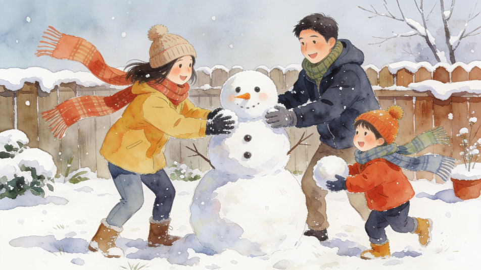 Family building a snowman