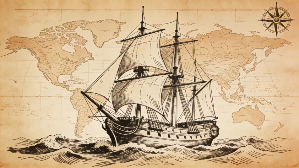 Explorer ship over a world map