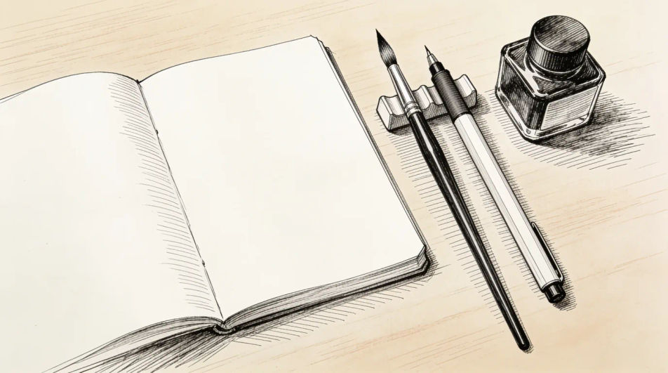 Desk with pens laid out