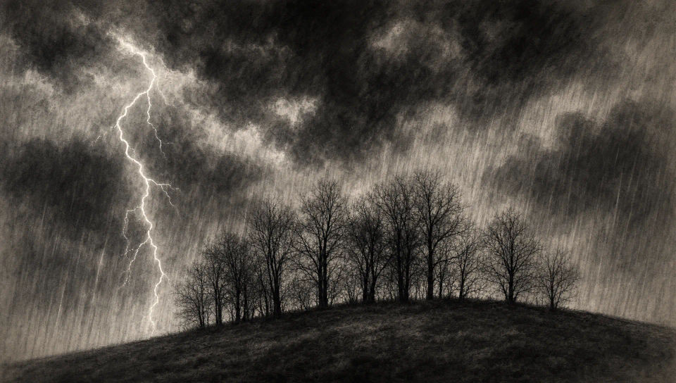 Stormy winter trees on the hill