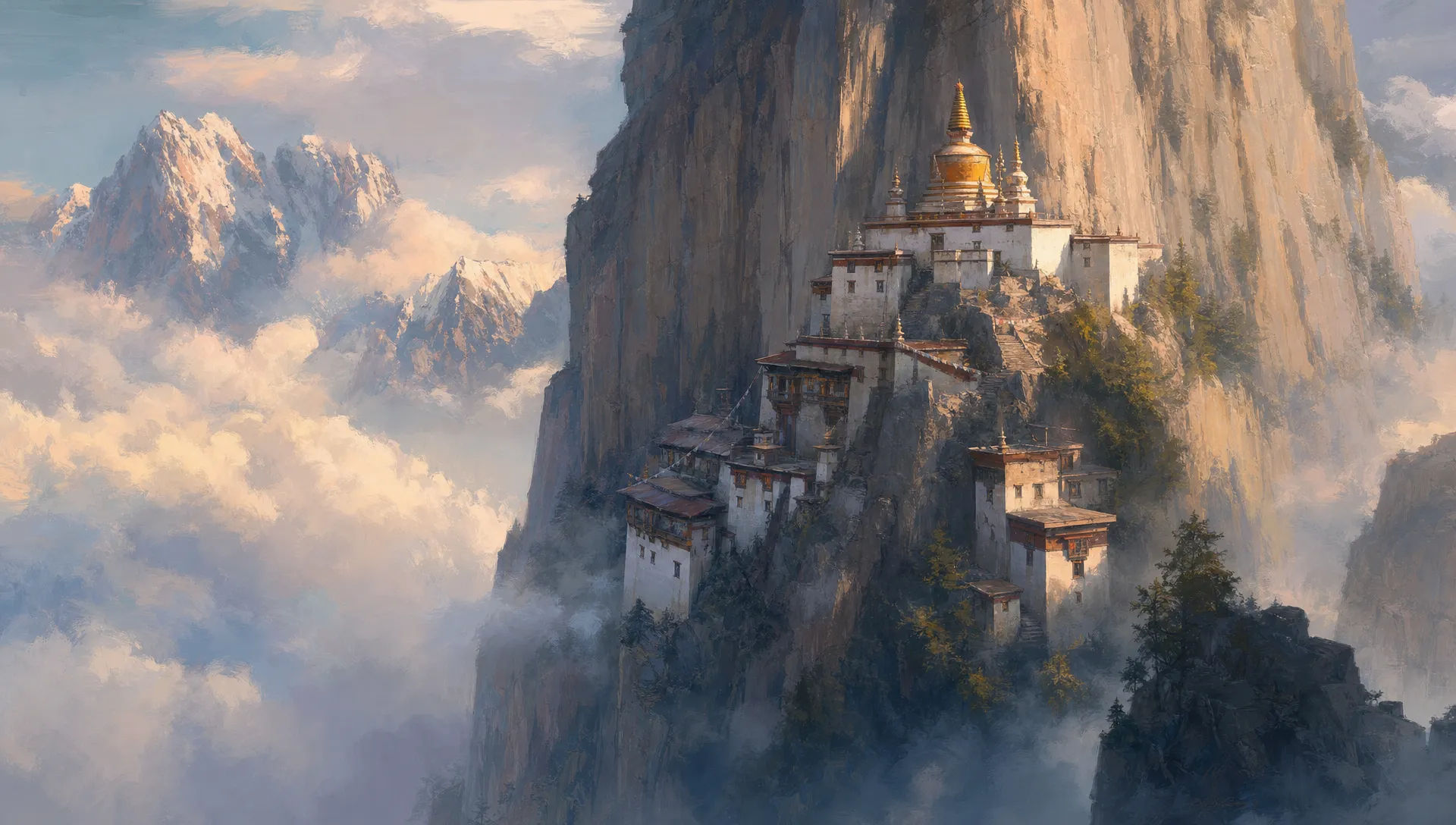 Painterly matte painting of a mountain monastery