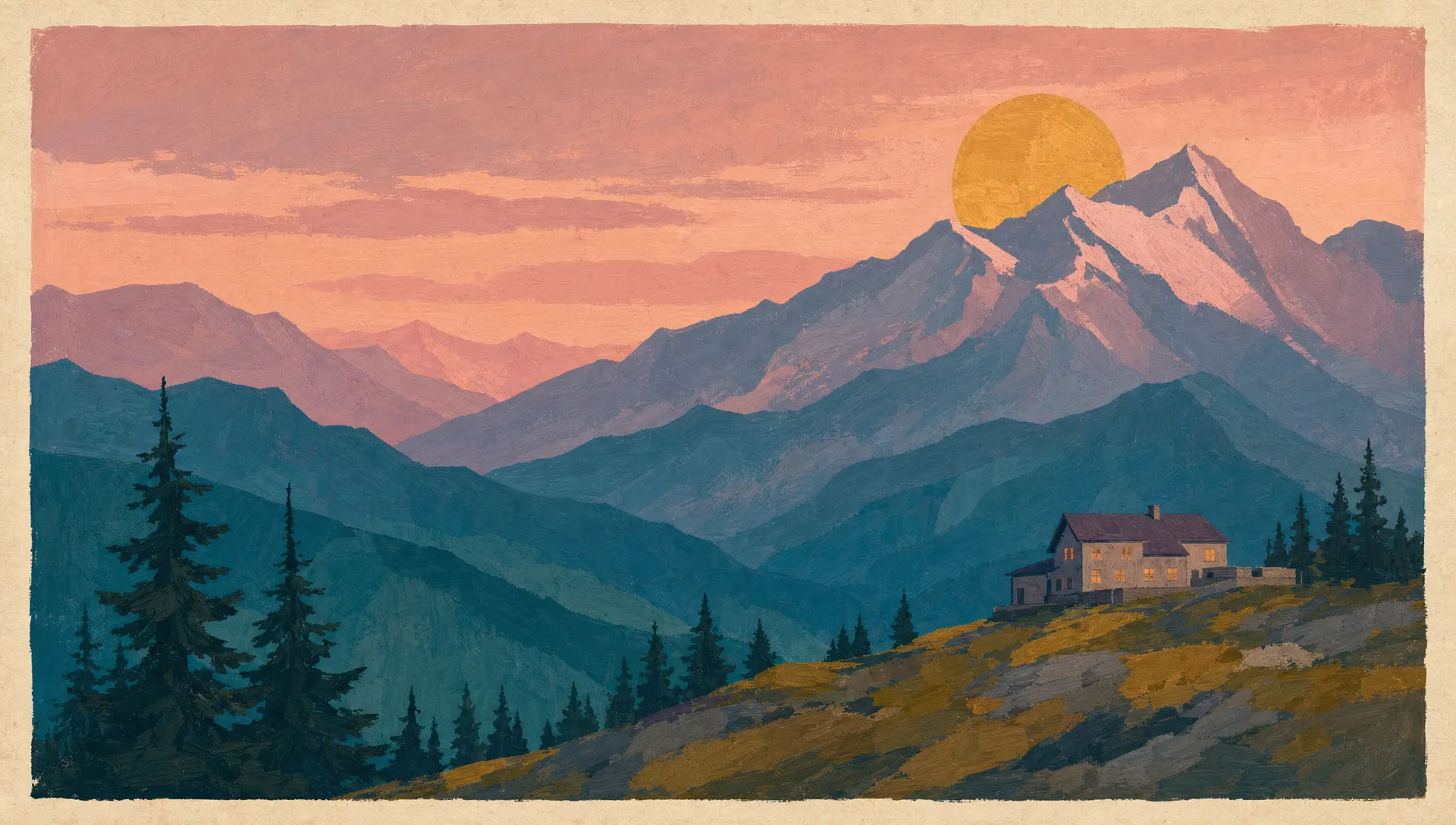 Matte travel poster of a dusk mountain