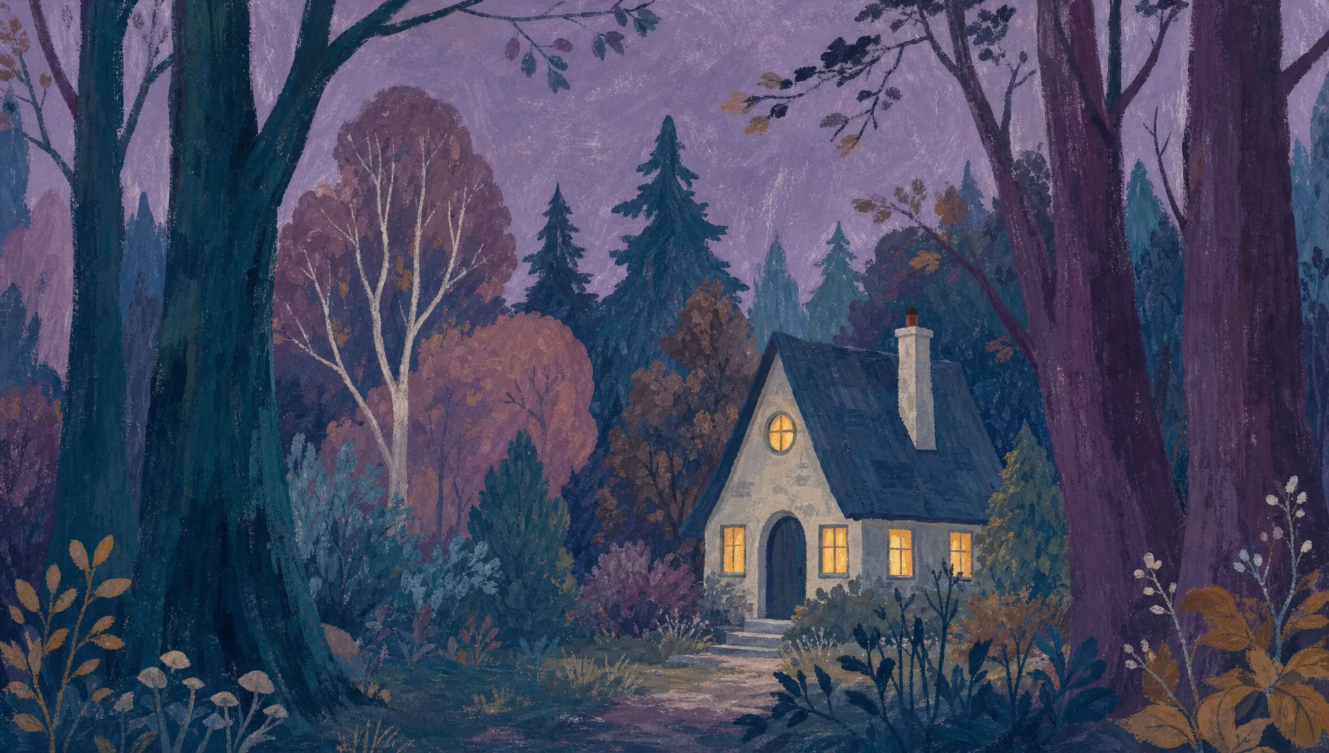 Picture-book forest at twilight