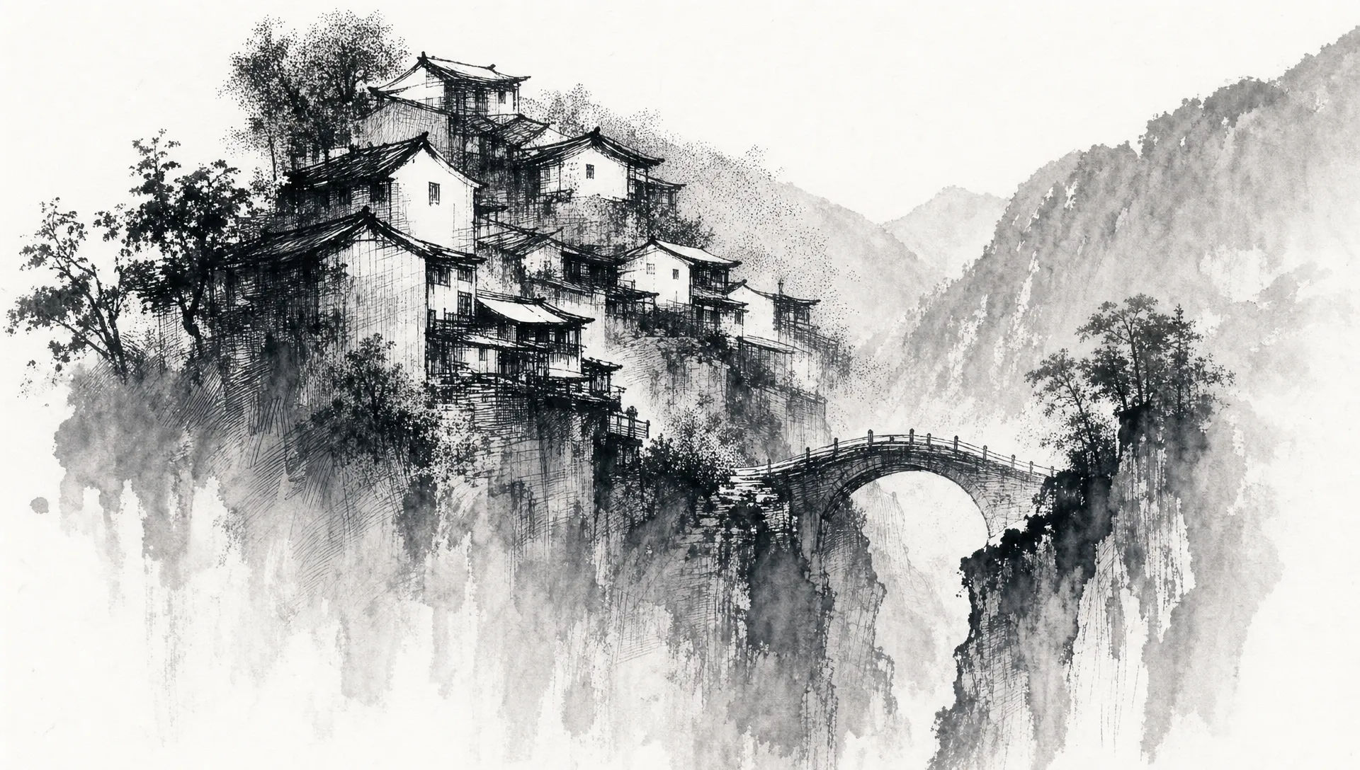 Sumi-ink mountain village in mist