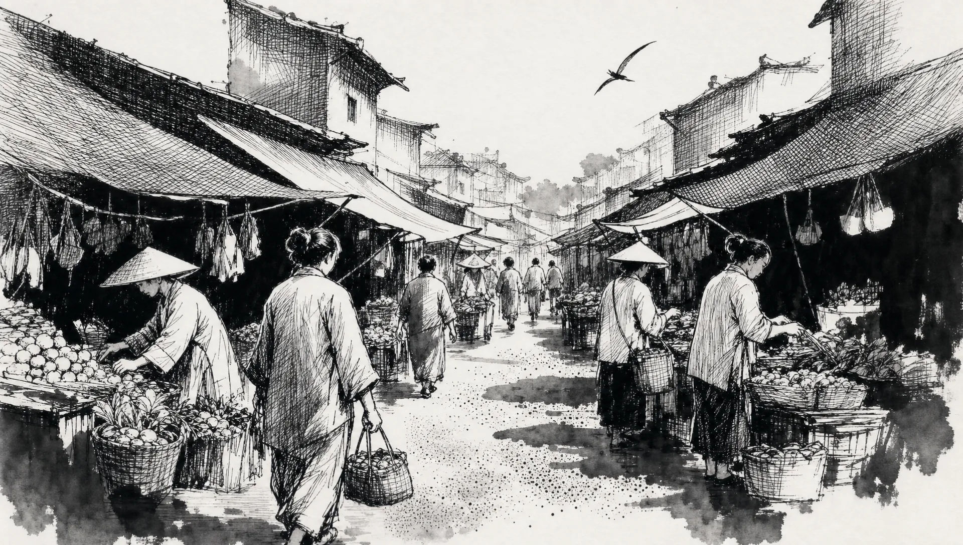 Crosshatched market street at noon
