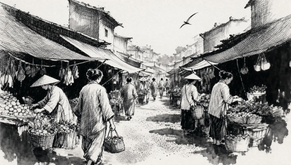 Crosshatched market street at noon