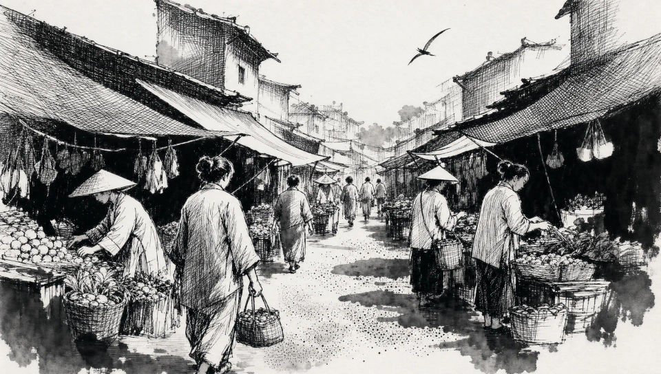 Crosshatched market street at noon
