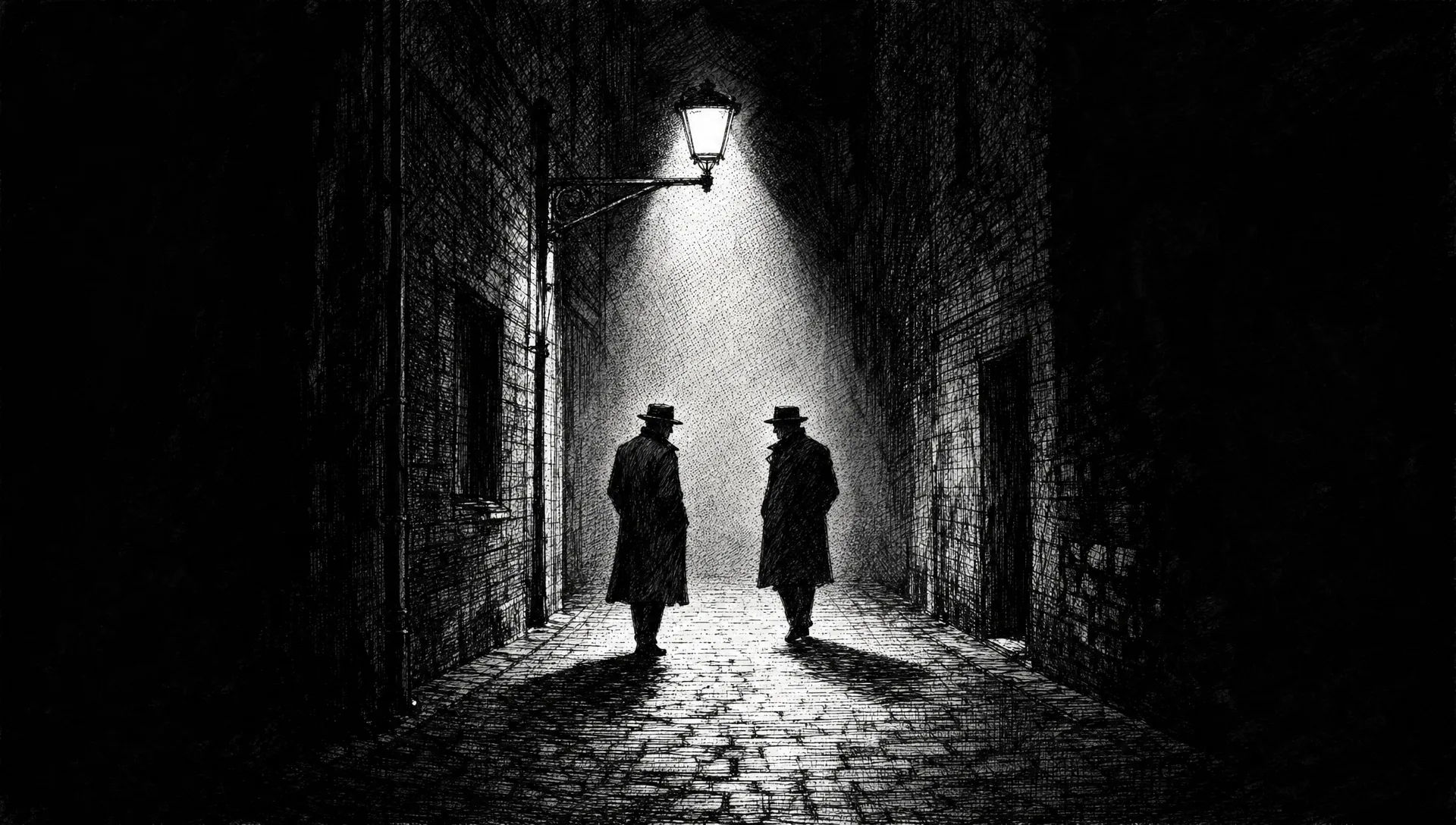 City alley at night under one lamp