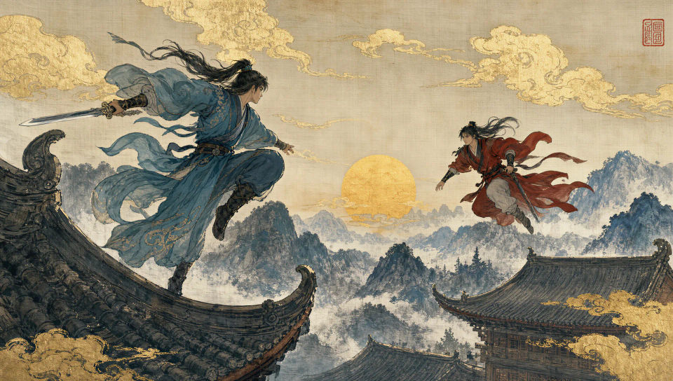 Rooftop swordfight at dawn