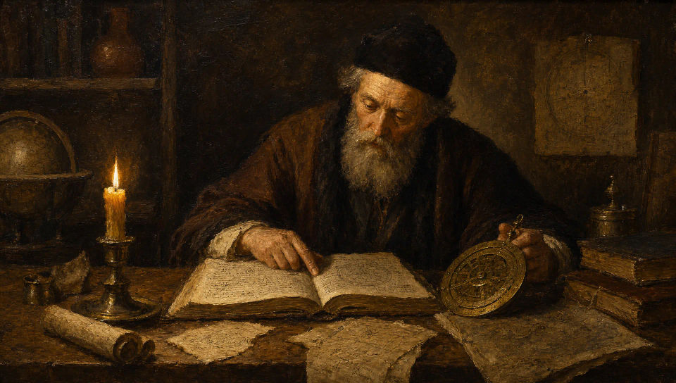 Glazed scholar in a candlelit study