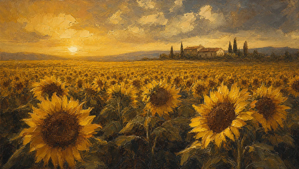 Sunflower field in heavy impasto