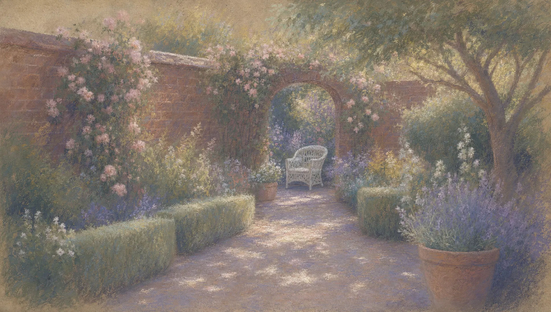 Oil-pastel garden in dappled summer light