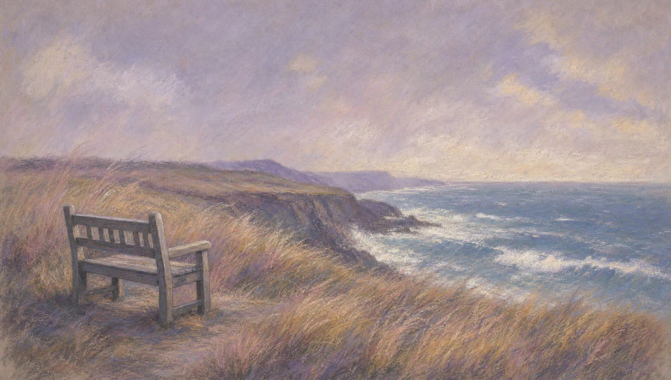 Windy seaside cliff in pale lavender