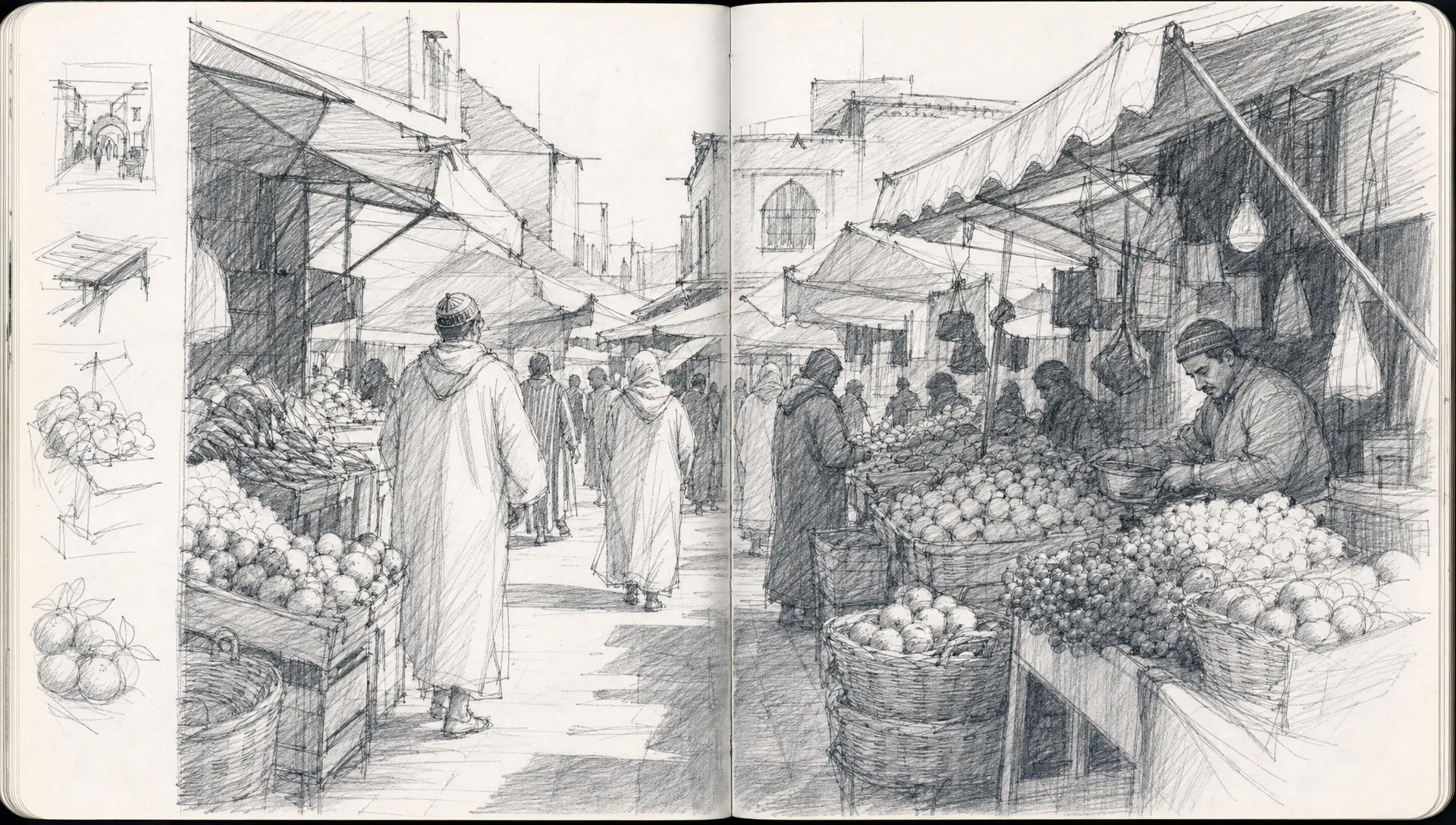 Travel sketchbook page of a market