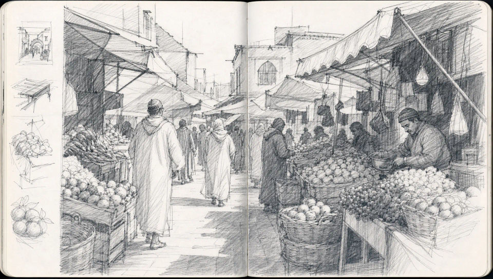 Travel sketchbook page of a market