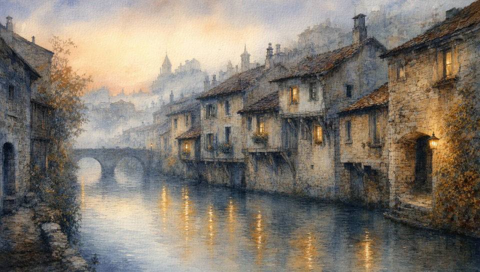 Rain-washed riverside village at dawn