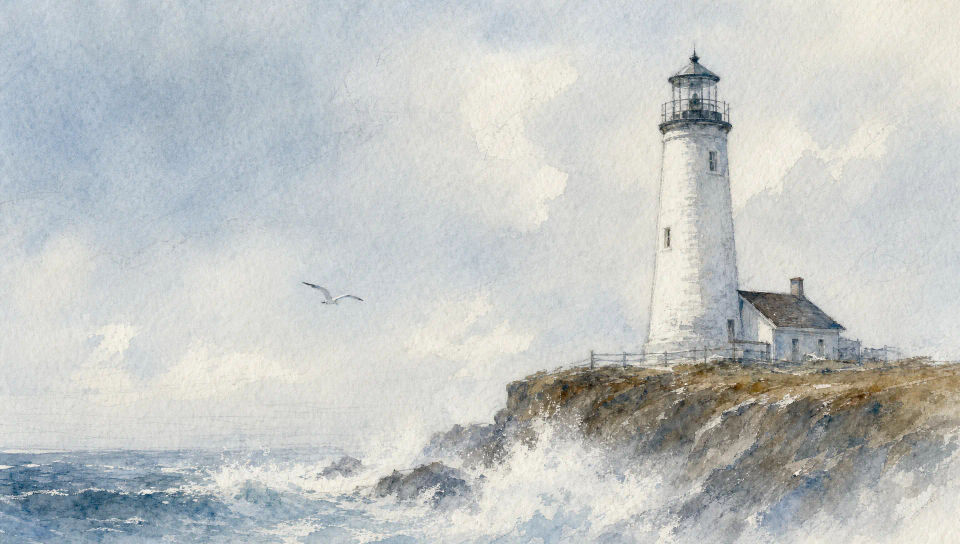 Coastal lighthouse in pale fog