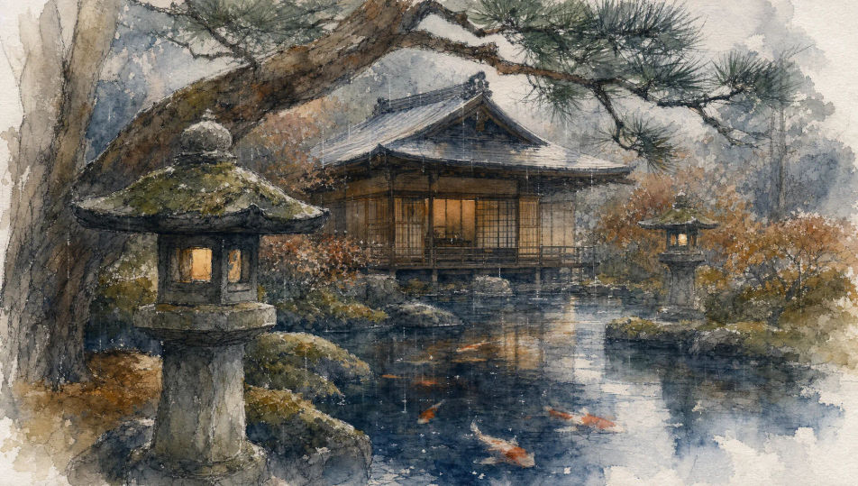 柔らかな霧雨の茶庭