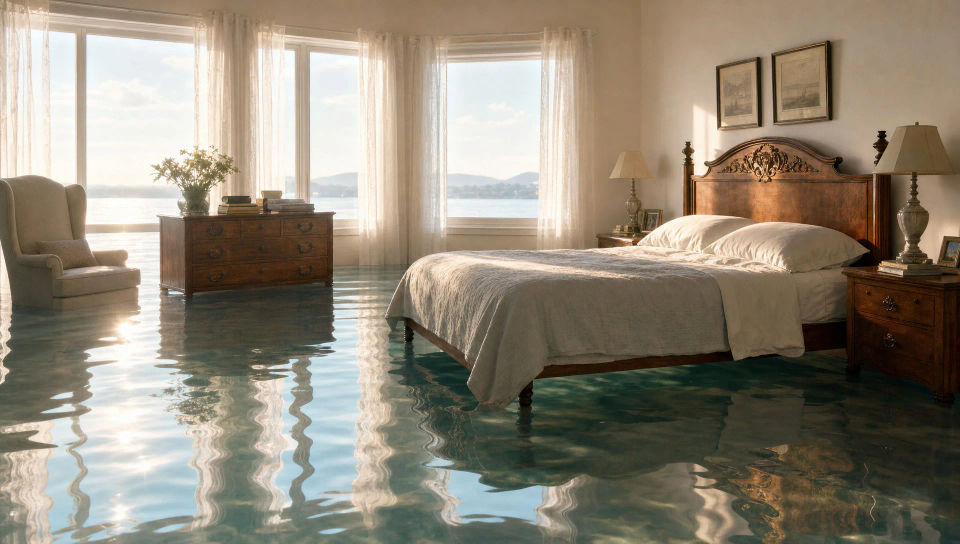 Bedroom flooded with a still sea