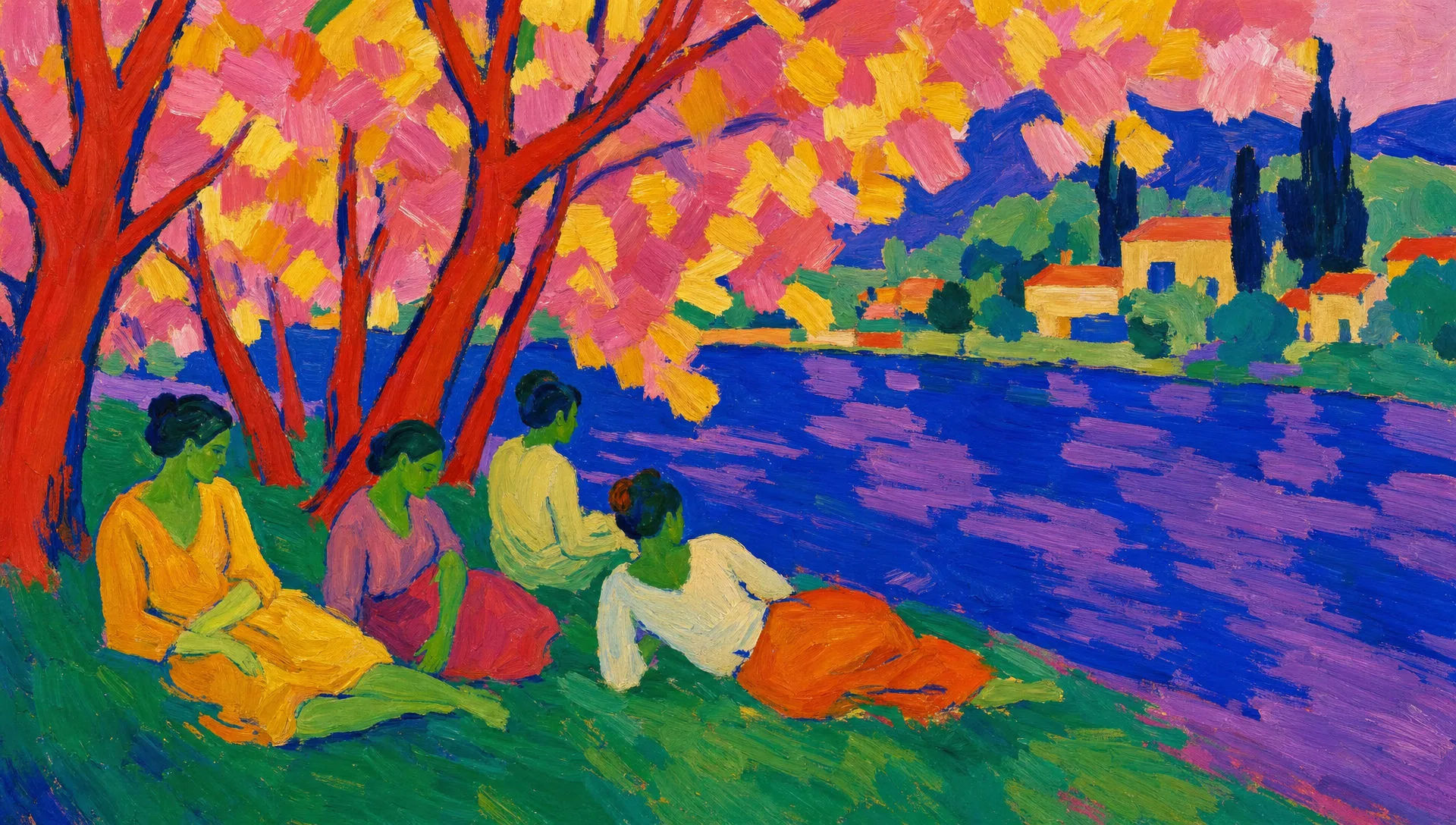 Riverbank with red trees
