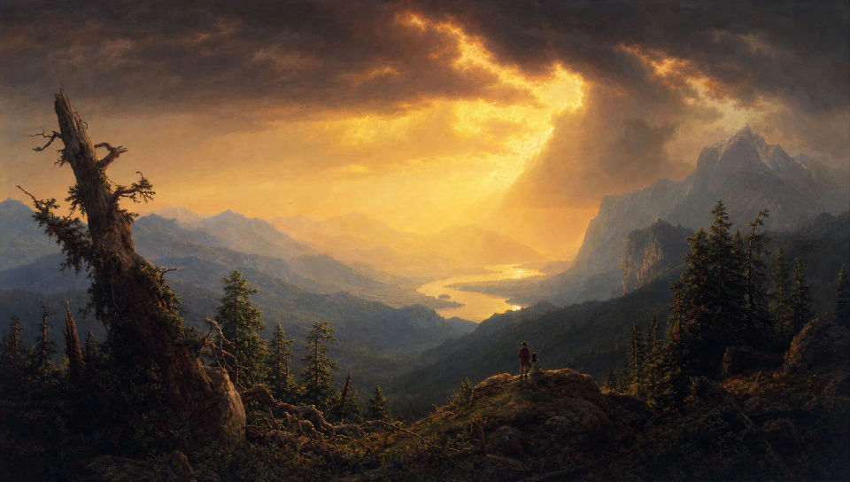 Valley at sunset under breaking clouds