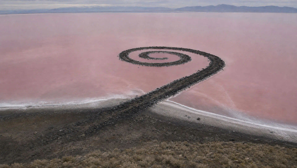 Aerial spiral earthwork on a salt lake