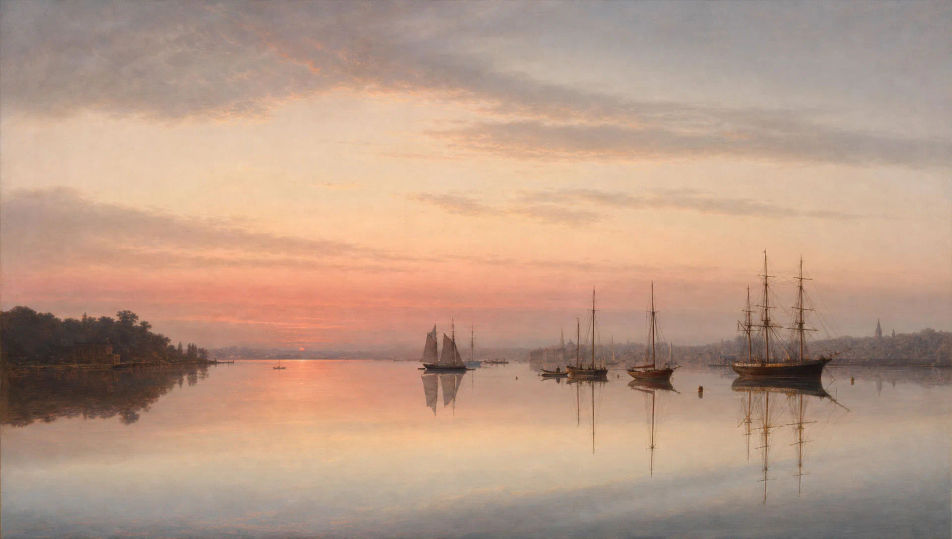 Becalmed harbour at dusk