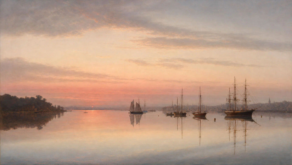 Becalmed harbour at dusk