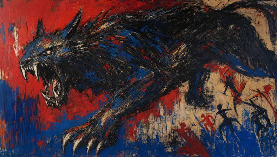 Mythic beast across a wide canvas