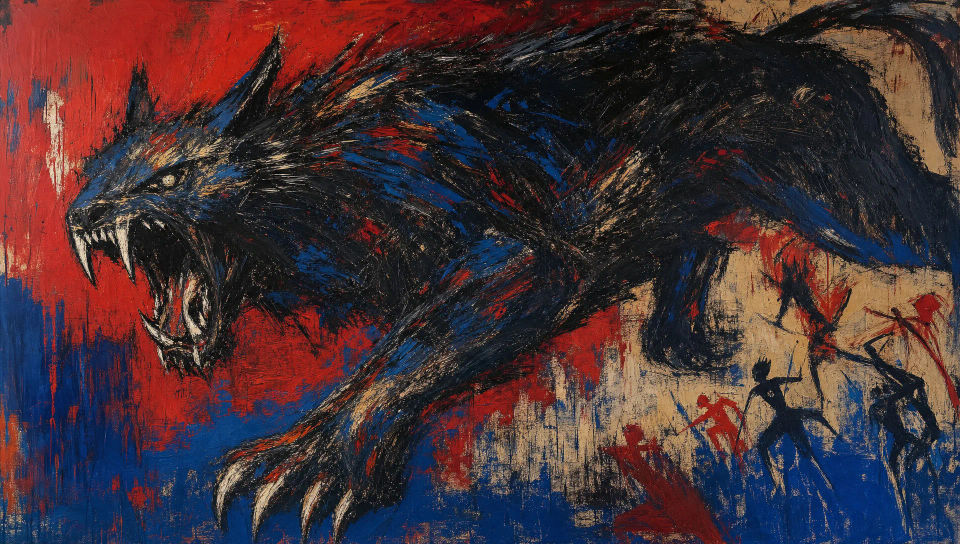 Mythic beast across a wide canvas