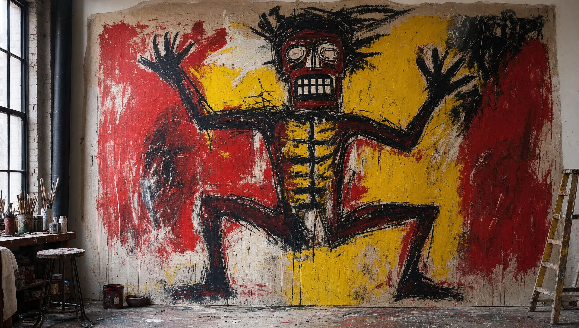 Huge figure painting on a studio wall