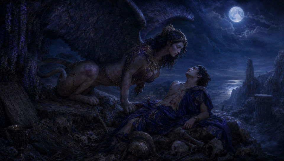 Moonlit sphinx and the fallen youth