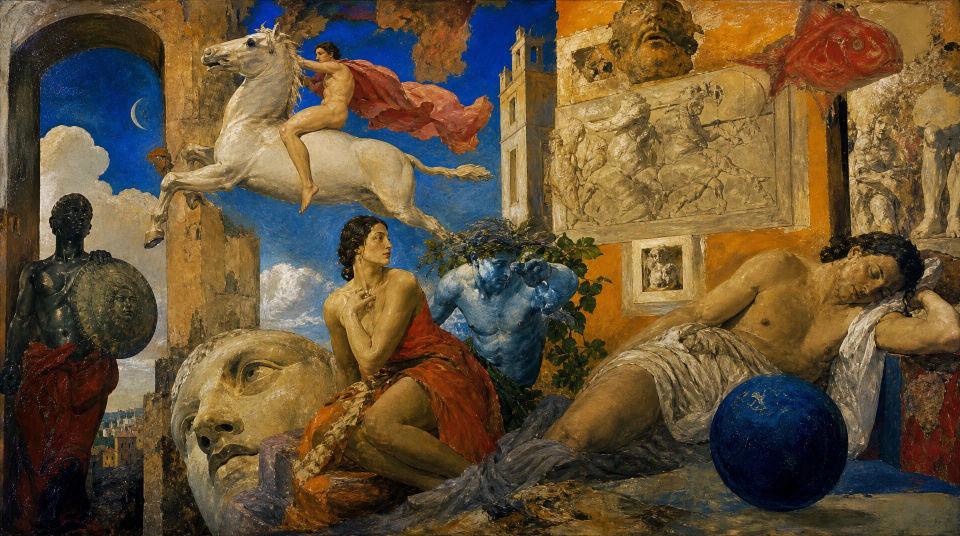 Mythic dreamscape with floating figures
