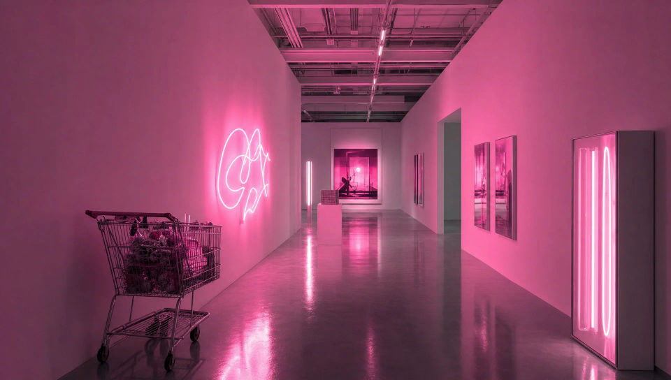 Neon-lit gallery corridor