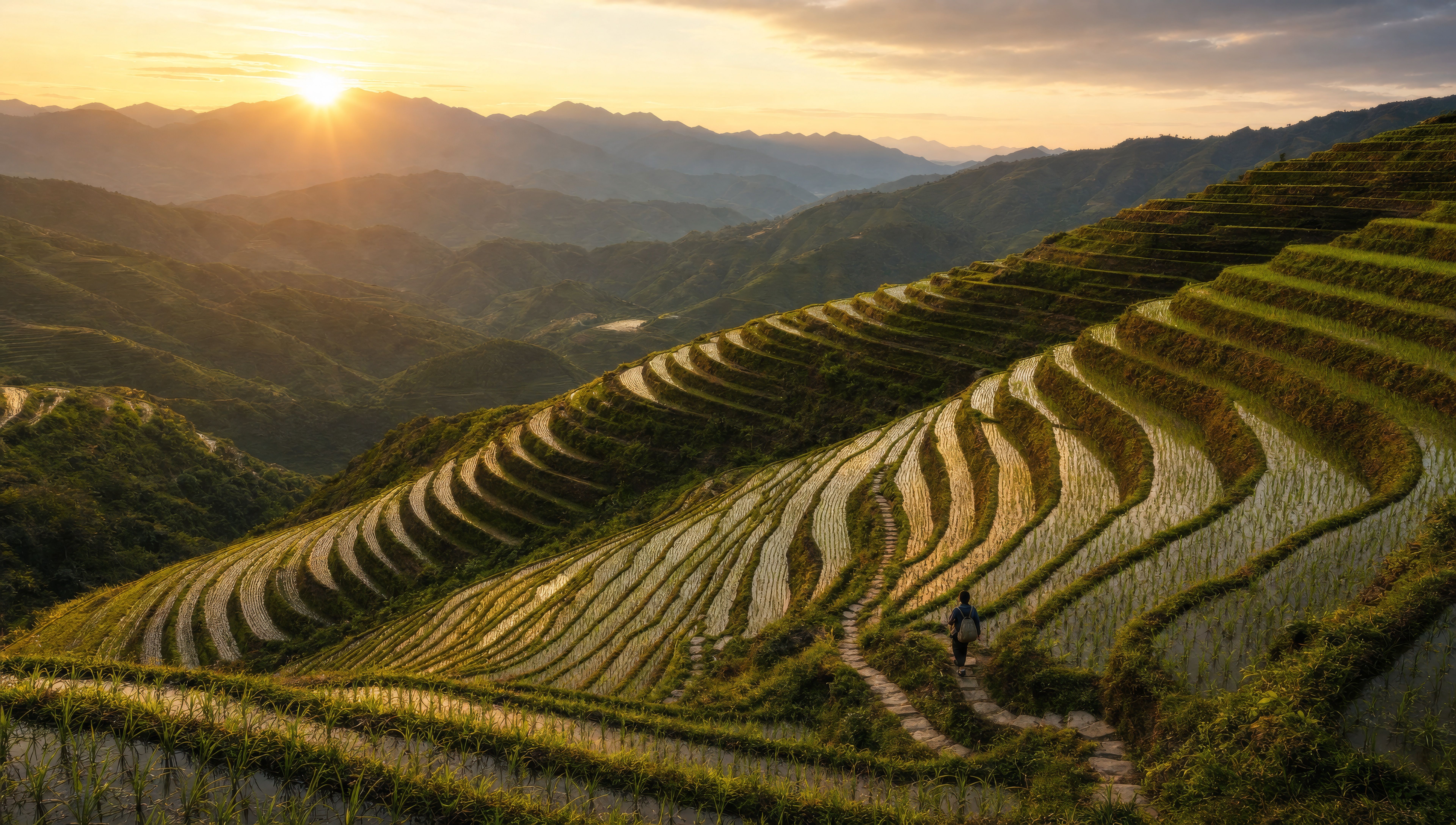 Terraced rice paddies at golden hour