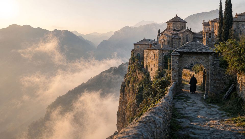 Monasterio de montaña entre la niebla