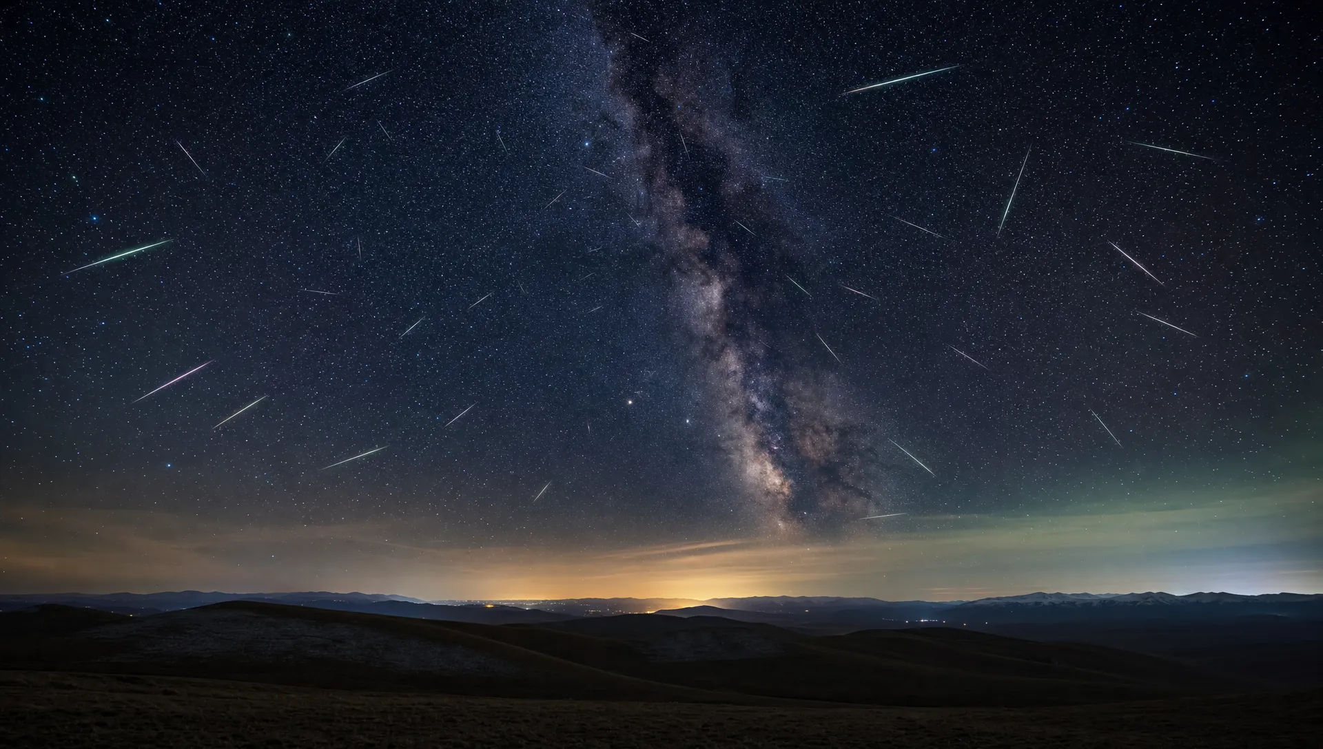 Meteor shower over rolling hills