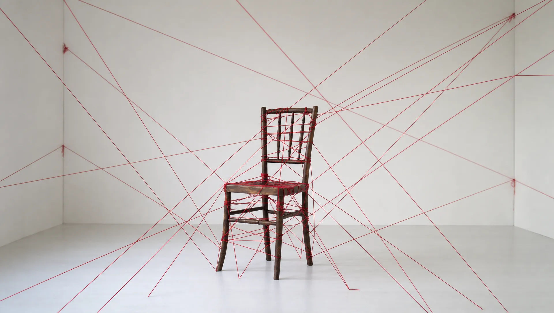 Single chair tangled in red thread