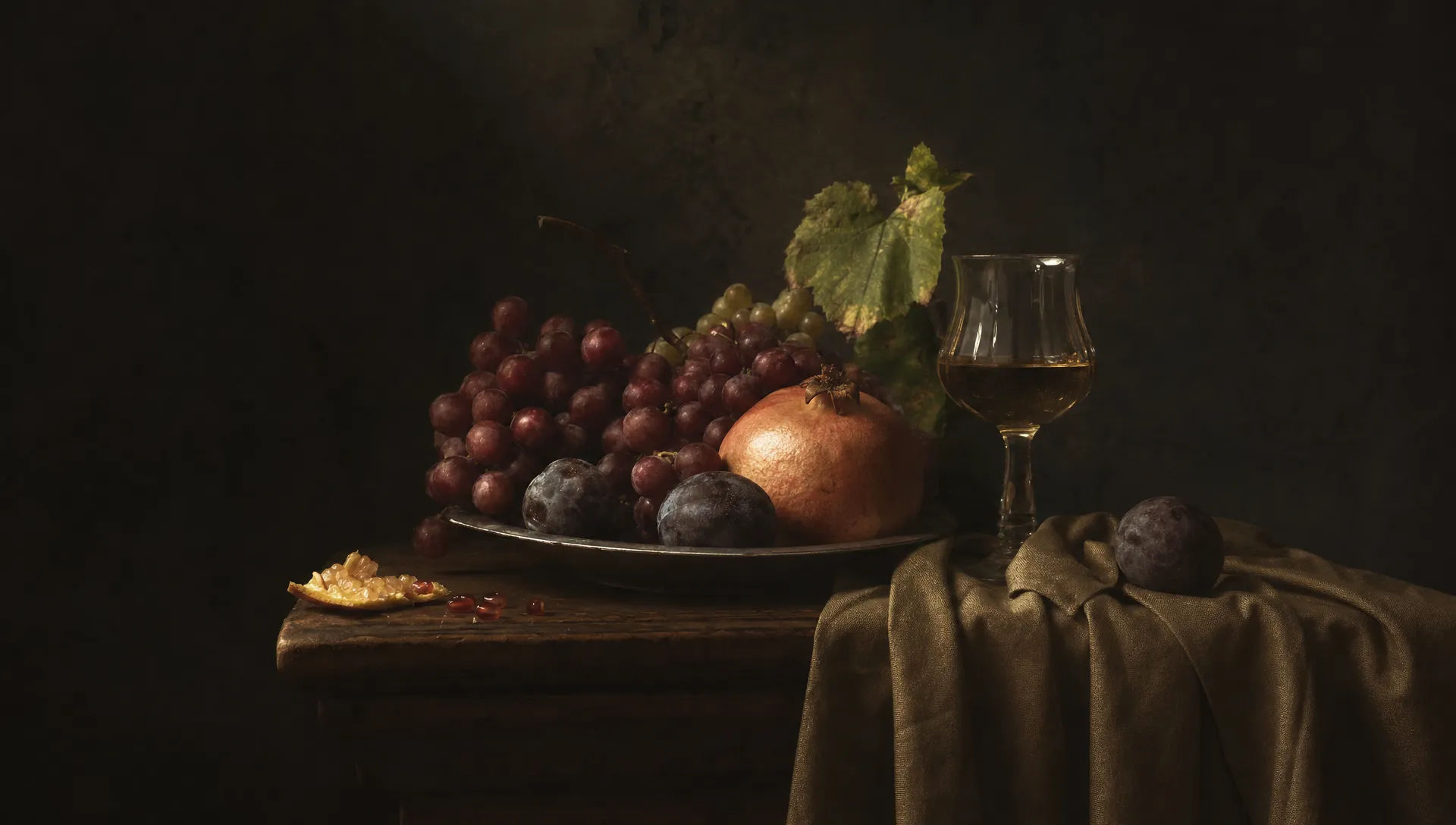 Chiaroscuro still life of fruit and glass