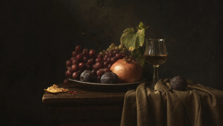 Chiaroscuro-Stillleben aus Obst und Glas