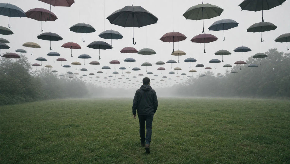 Ein Feld aus schwebenden Regenschirmen