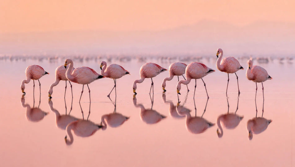 Flamingos auf einer spiegelnden Lagune