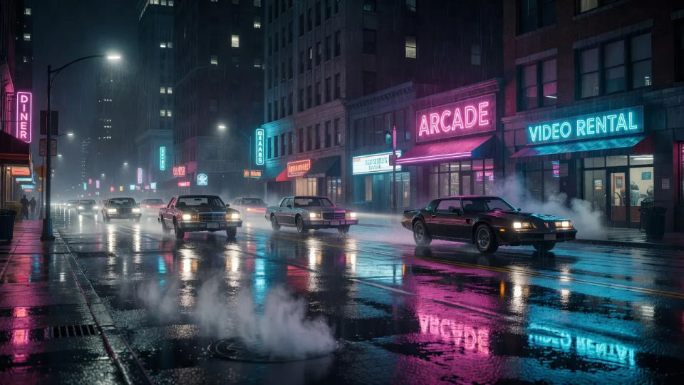 Rainy neon downtown