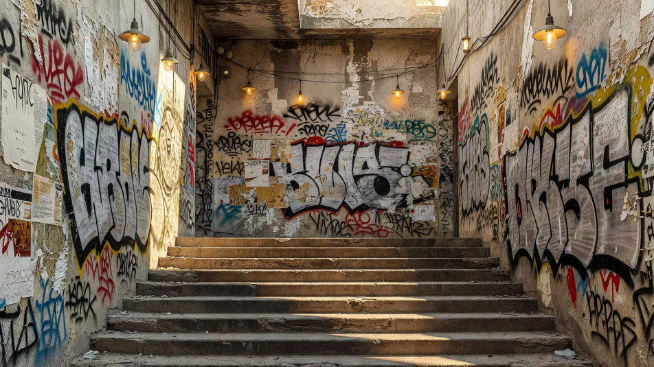 Sunlit mural stairwell