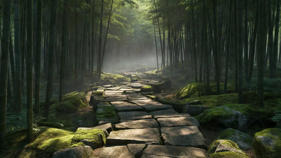 Stone path through the bamboo