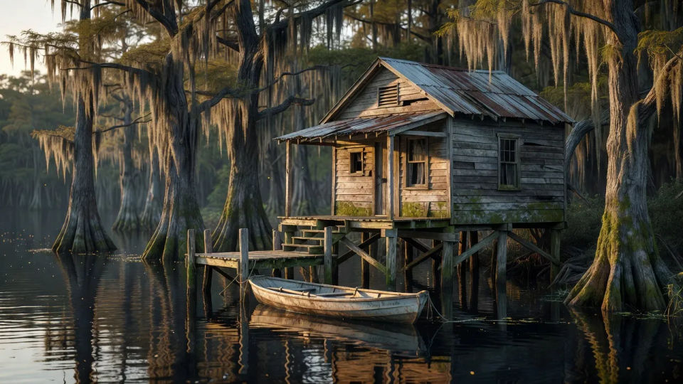 Stilt cabin on the bank