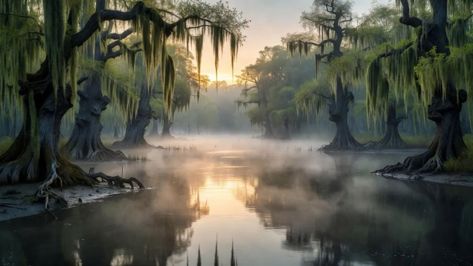 Misty backwater at dawn