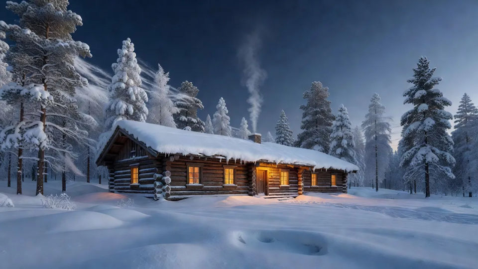 Log cabin at blue hour