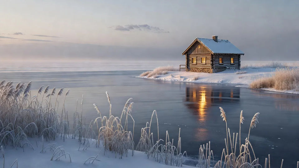 Frozen lakeside cabin