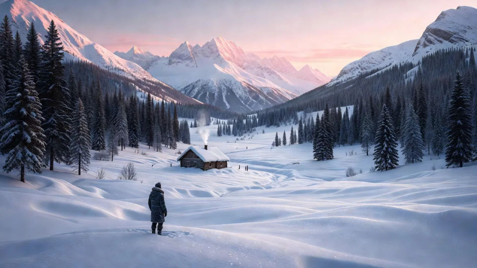 Snowy valley cabin at dawn